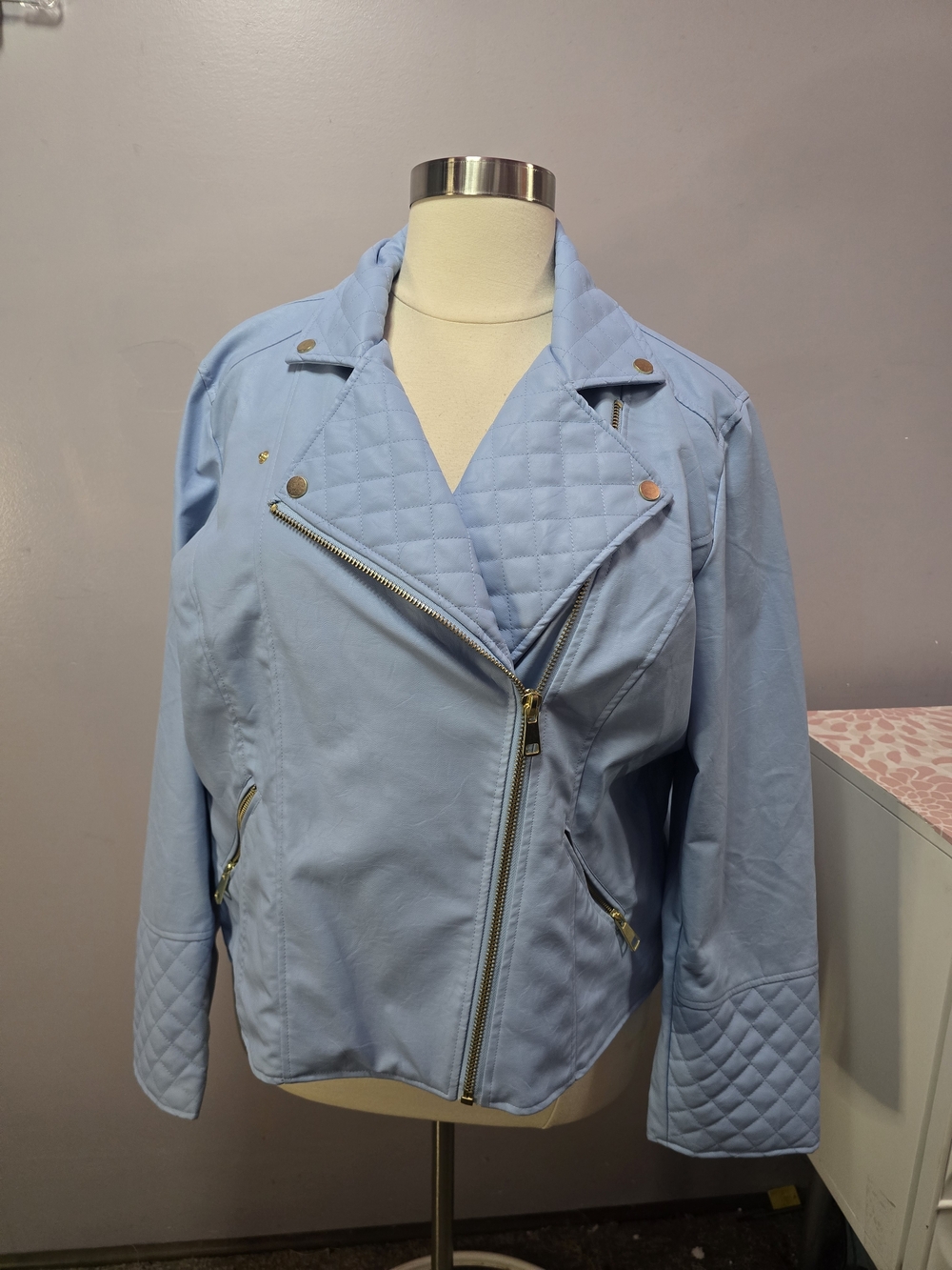 Fashion Nova Light Blue Quilted Moto Jacket - Women's Size 3x